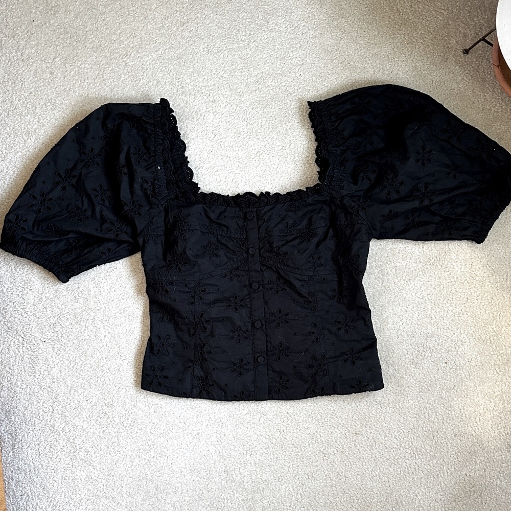GAP Black Eyelet Puff Sleeve Square Neck Top